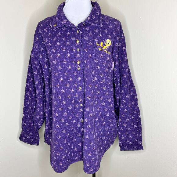 Vtg Looney Tunes Tweety Bird Shirt 22W-24W Women Corduroy 3X Purple Floral Y2K - Picture 1 of 11